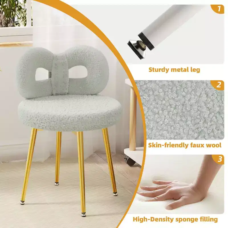 Chaise de vanité avec dossier, Chaise de maquillage pivotante, Chaise de bureau rembourrée pour filles