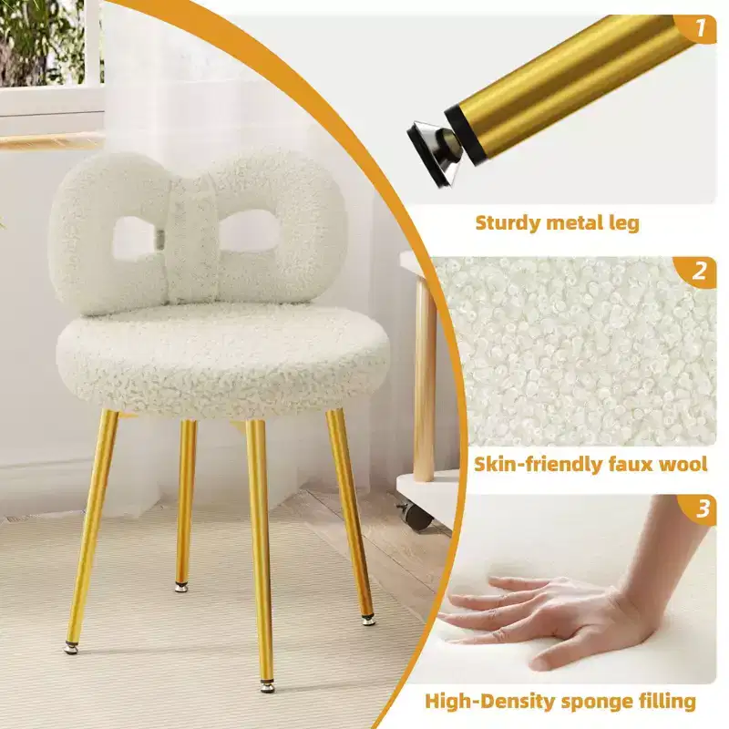 Chaise de vanité avec dossier, Chaise de maquillage pivotante, Chaise de bureau rembourrée pour filles