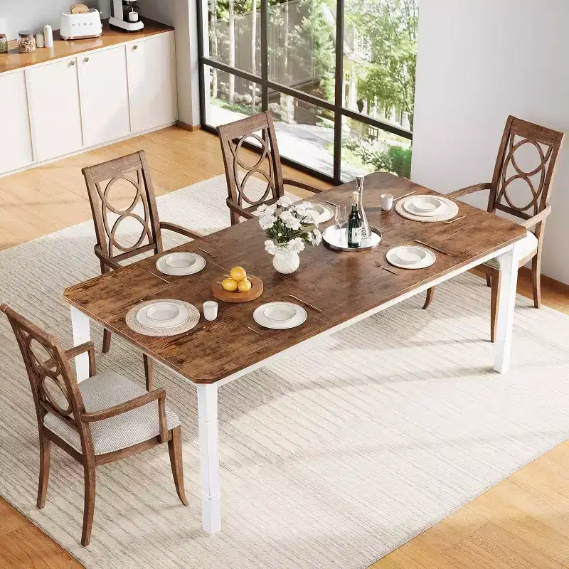 Table de salle à manger rectangulaire avec plateau en bois et pieds en métal, idéale comme table de cuisine