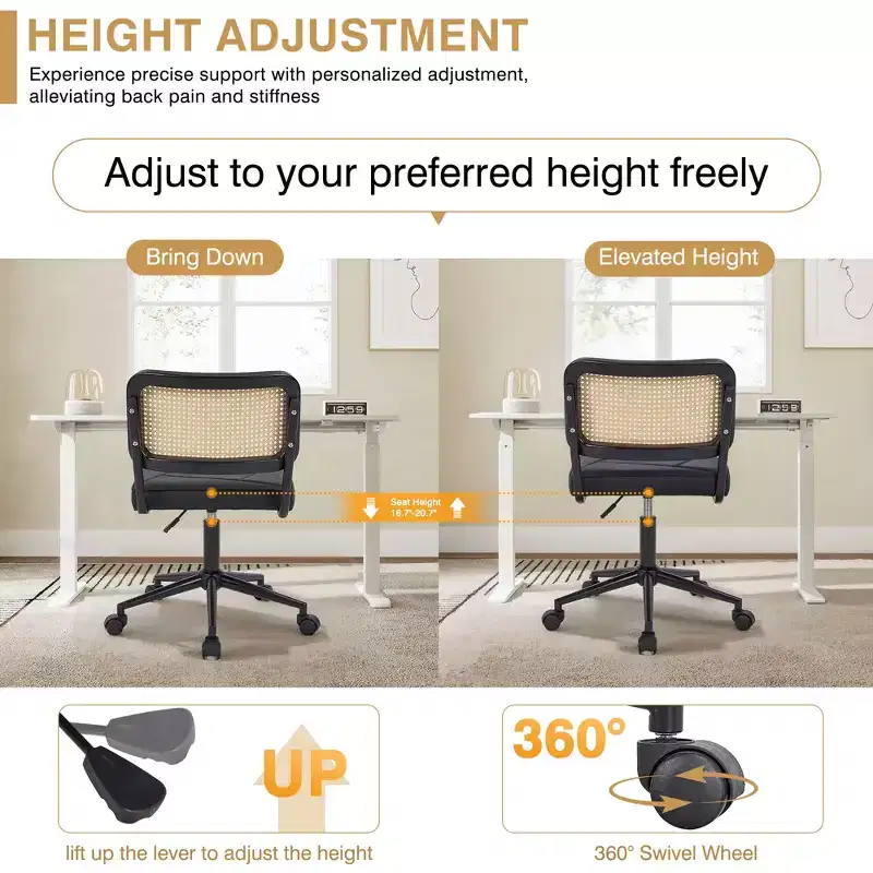 Fauteuil de bureau en cuir, chaise pivotante réglable en hauteur sans accoudoirs à roulettes pour coiffeuse