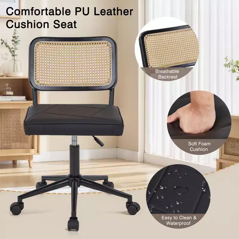 Fauteuil de bureau en cuir, chaise pivotante réglable en hauteur sans accoudoirs à roulettes pour coiffeuse