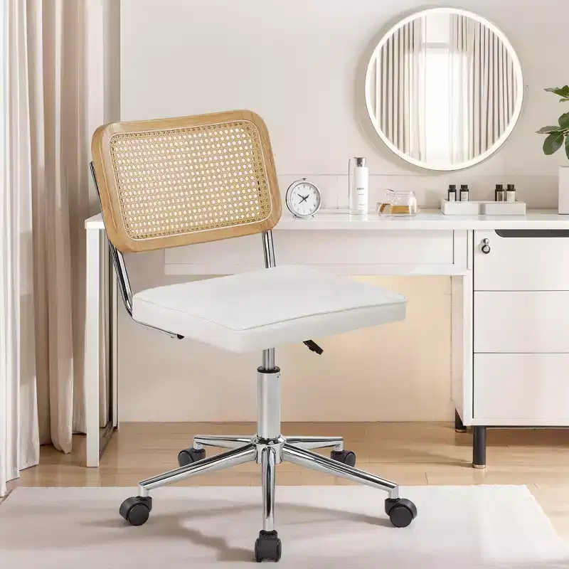 Fauteuil de bureau en cuir, chaise pivotante réglable en hauteur sans accoudoirs à roulettes pour coiffeuse