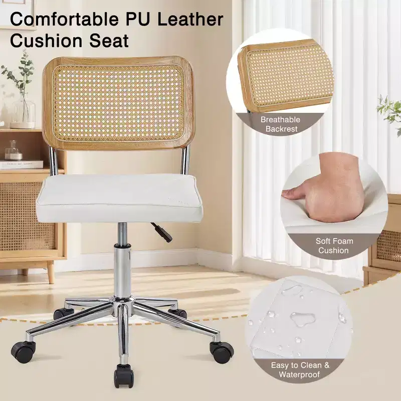 Fauteuil de bureau en cuir, chaise pivotante réglable en hauteur sans accoudoirs à roulettes pour coiffeuse
