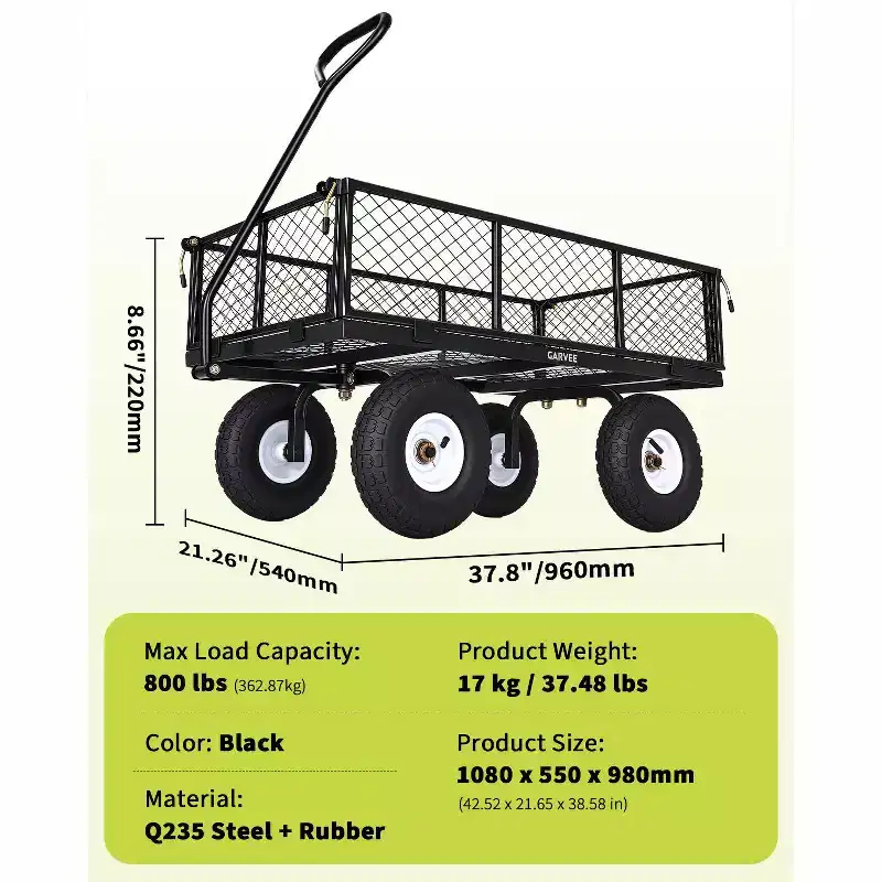 Chariot utilitaire d'extérieur robuste, capacité de 360 kg, pneus pneumatiques tout-terrain de 10 pouces