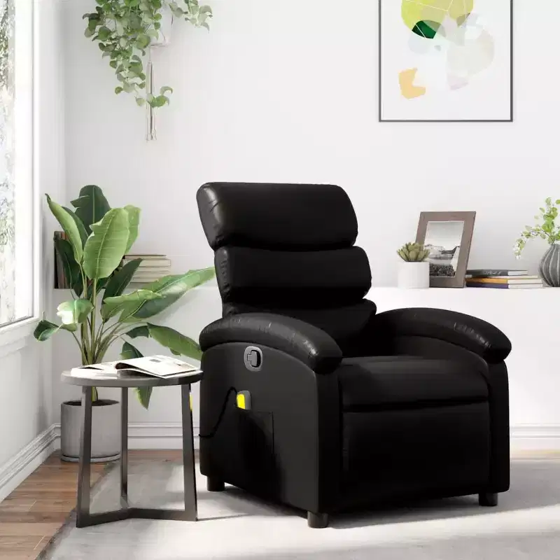 Fauteuil de massage inclinable en simili cuir noir, métal, bois composite pour une personne