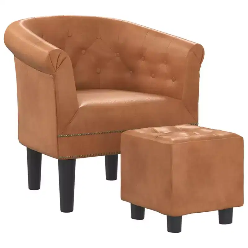 Fauteuil baignoire en similicuir marron avec pouf - Sièges modernes