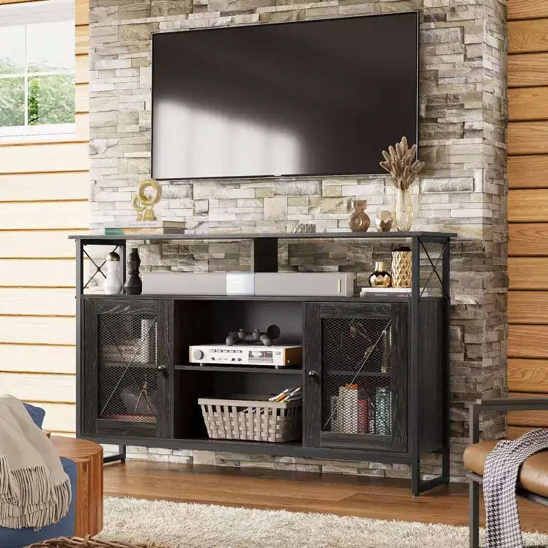 Meuble TV pour télévision de 55 pouces, meuble TV haut avec rangement, console TV industrielle