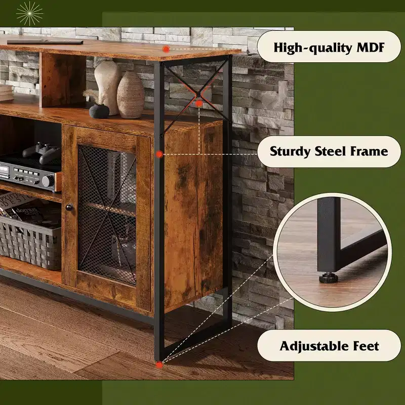 Meuble TV pour télévision de 55 pouces, meuble TV haut avec rangement, console TV industrielle