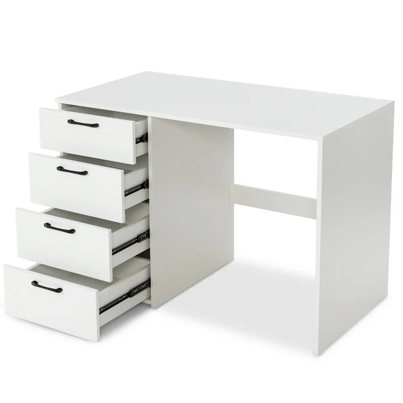Costway - Bureau Ordinateur, Bureau Informatique, Grand Bureau, Bureau Moderne, Poste de Travail avec 4 Tiroirs, L110 x P60 x H76 cm, Blanc