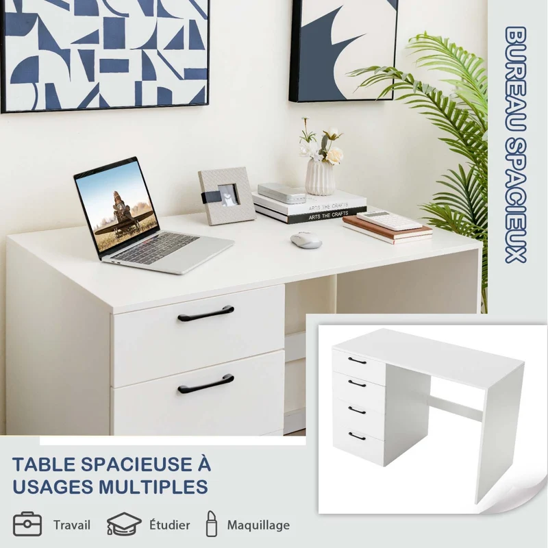 Costway - Bureau Ordinateur, Bureau Informatique, Grand Bureau, Bureau Moderne, Poste de Travail avec 4 Tiroirs, L110 x P60 x H76 cm, Blanc