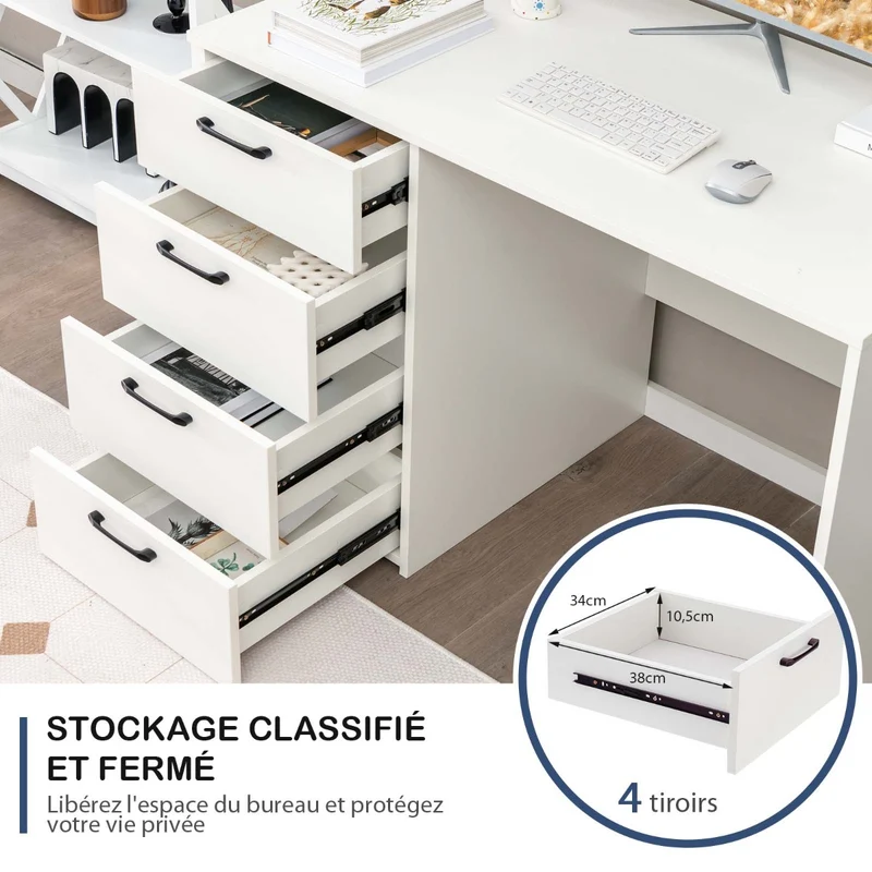 Costway - Bureau Ordinateur, Bureau Informatique, Grand Bureau, Bureau Moderne, Poste de Travail avec 4 Tiroirs, L110 x P60 x H76 cm, Blanc
