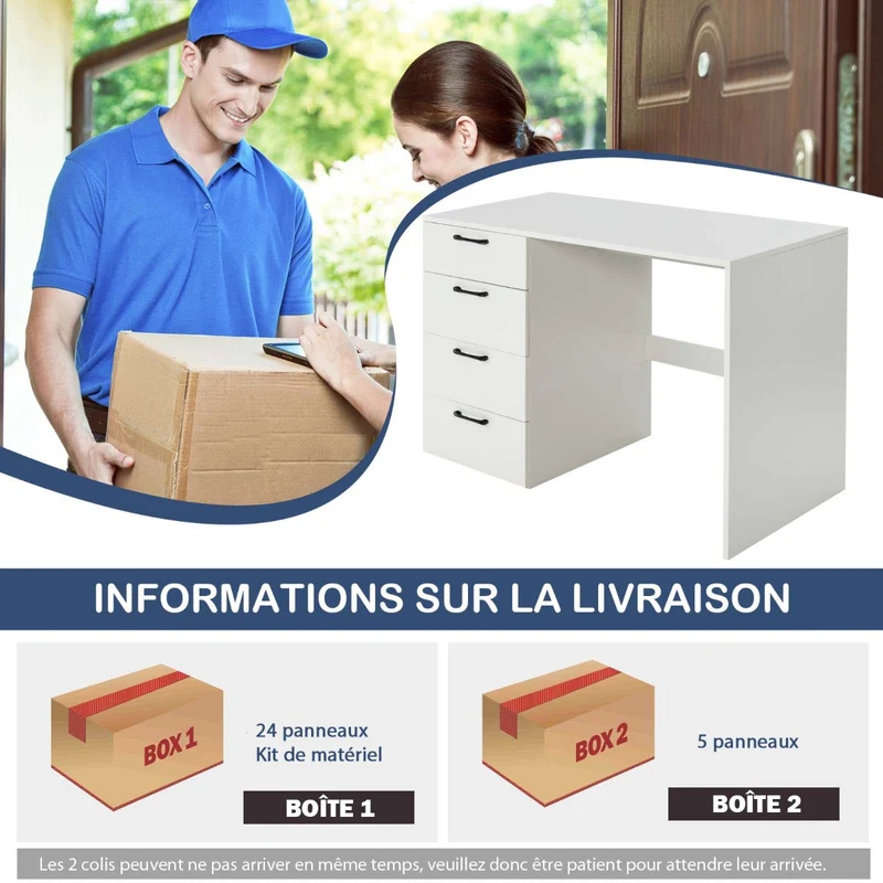 Costway - Bureau Ordinateur, Bureau Informatique, Grand Bureau, Bureau Moderne, Poste de Travail avec 4 Tiroirs, L110 x P60 x H76 cm, Blanc
