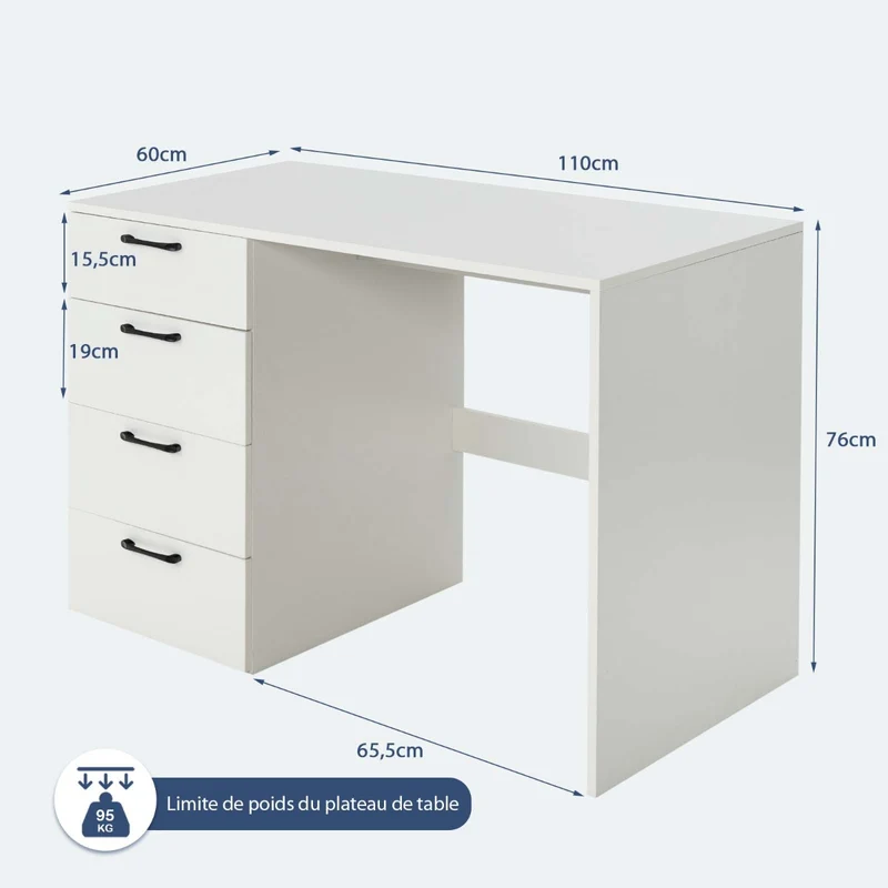 Costway - Bureau Ordinateur, Bureau Informatique, Grand Bureau, Bureau Moderne, Poste de Travail avec 4 Tiroirs, L110 x P60 x H76 cm, Blanc