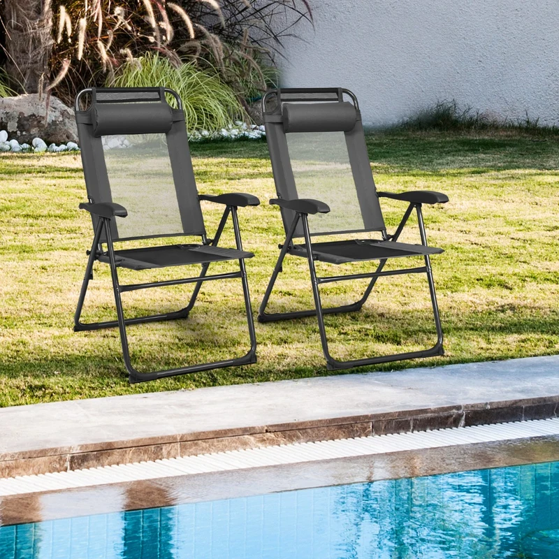 Costway - Chaise Longue, Lot de 2, Chaises de Jardin, Chaise Exterieur, Pliante en Tissu Oxford, Appuie-Tête, Inclinable Réglables, 7 Positions, Gris