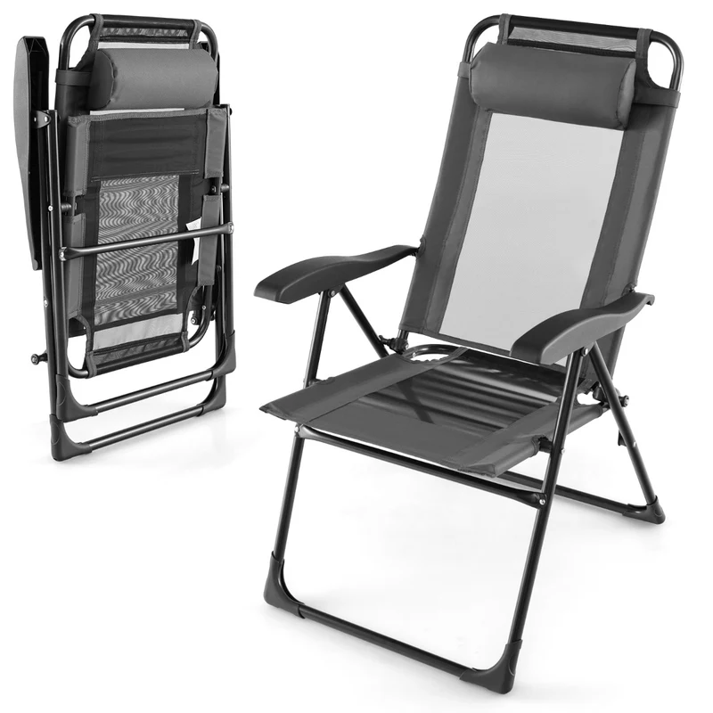 Costway - Chaise Longue, Lot de 2, Chaises de Jardin, Chaise Exterieur, Pliante en Tissu Oxford, Appuie-Tête, Inclinable Réglables, 7 Positions, Gris