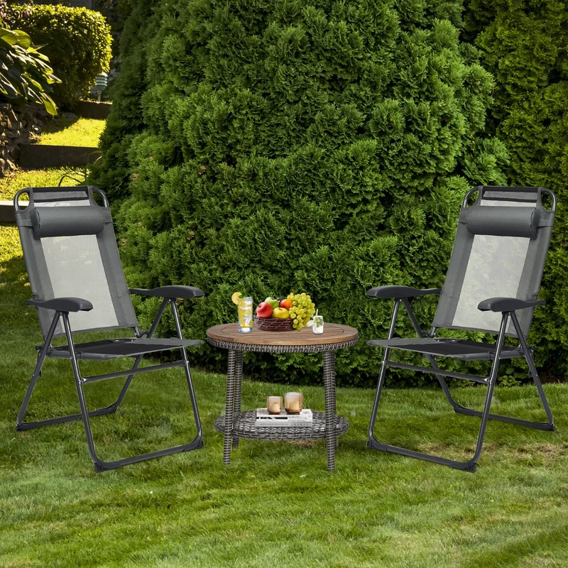 Costway - Chaise Longue, Lot de 2, Chaises de Jardin, Chaise Exterieur, Pliante en Tissu Oxford, Appuie-Tête, Inclinable Réglables, 7 Positions, Gris
