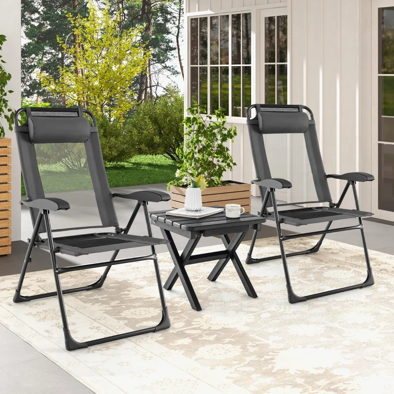 Costway - Chaise Longue, Lot de 2, Chaises de Jardin, Chaise Exterieur, Pliante en Tissu Oxford, Appuie-Tête, Inclinable Réglables, 7 Positions, Gris