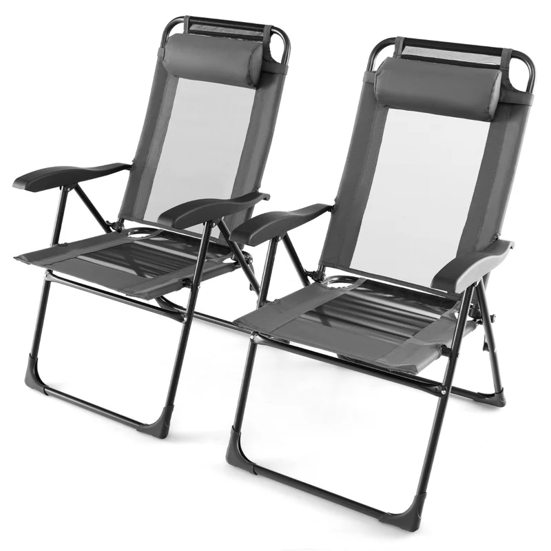 Costway - Chaise Longue, Lot de 2, Chaises de Jardin, Chaise Exterieur, Pliante en Tissu Oxford, Appuie-Tête, Inclinable Réglables, 7 Positions, Gris
