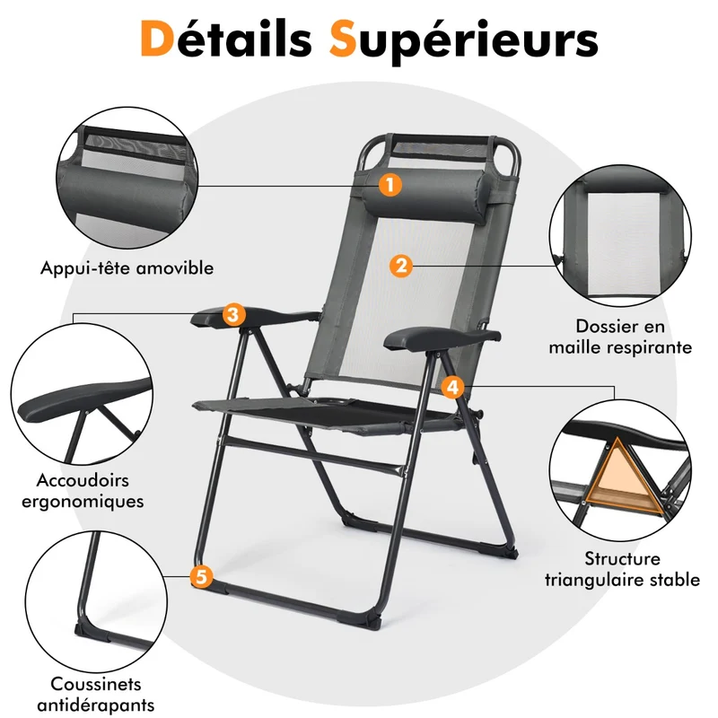 Costway - Chaise Longue, Lot de 2, Chaises de Jardin, Chaise Exterieur, Pliante en Tissu Oxford, Appuie-Tête, Inclinable Réglables, 7 Positions, Gris