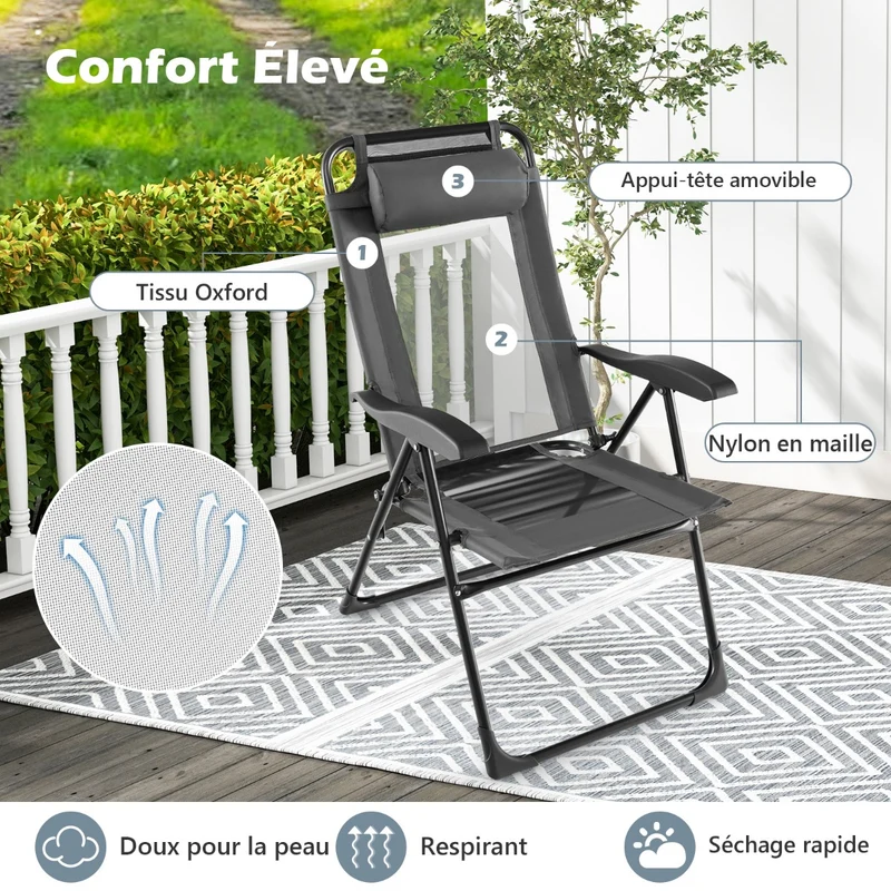 Costway - Chaise Longue, Lot de 2, Chaises de Jardin, Chaise Exterieur, Pliante en Tissu Oxford, Appuie-Tête, Inclinable Réglables, 7 Positions, Gris