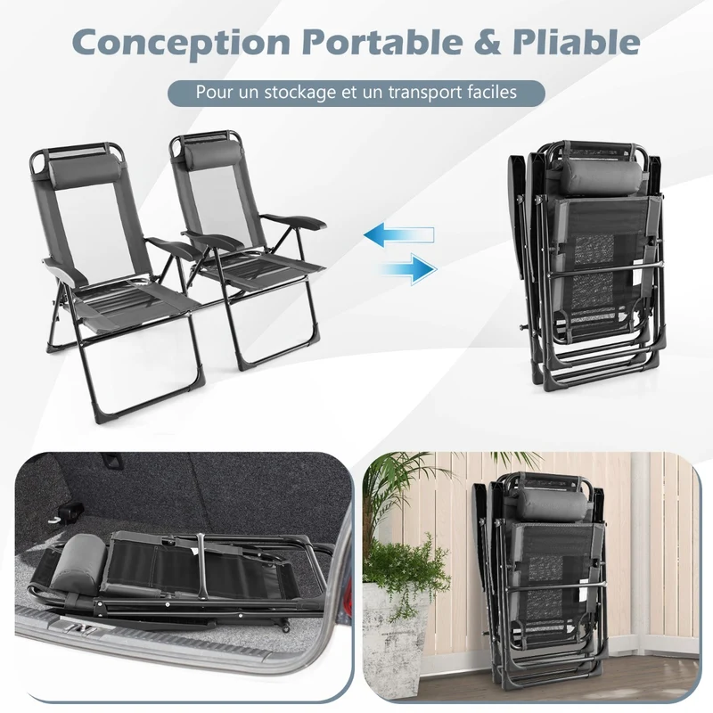 Costway - Chaise Longue, Lot de 2, Chaises de Jardin, Chaise Exterieur, Pliante en Tissu Oxford, Appuie-Tête, Inclinable Réglables, 7 Positions, Gris