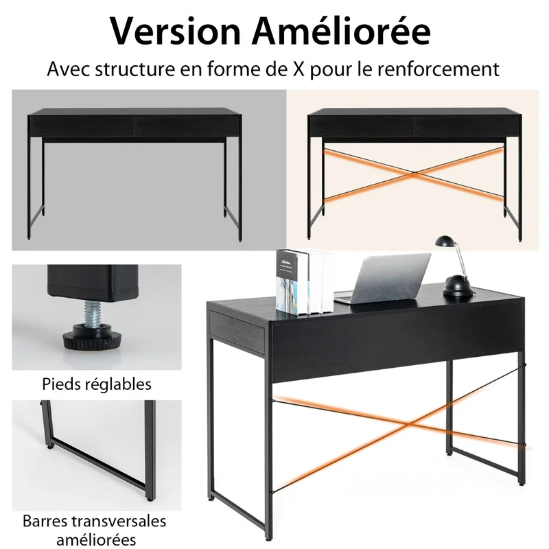 Costway - Bureau Ordinateur, Bureau Informatique, Bureau en Bois, Bureau Moderne, Table de Bureau, Poste de Travail, 112 x 48 x 76 cm, Noir