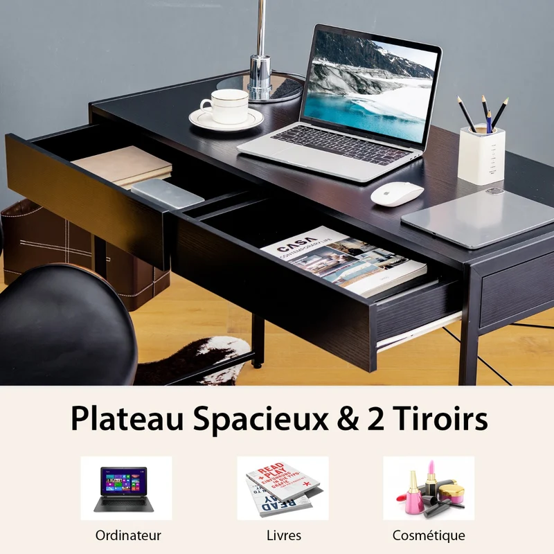 Costway - Bureau Ordinateur, Bureau Informatique, Bureau en Bois, Bureau Moderne, Table de Bureau, Poste de Travail, 112 x 48 x 76 cm, Noir