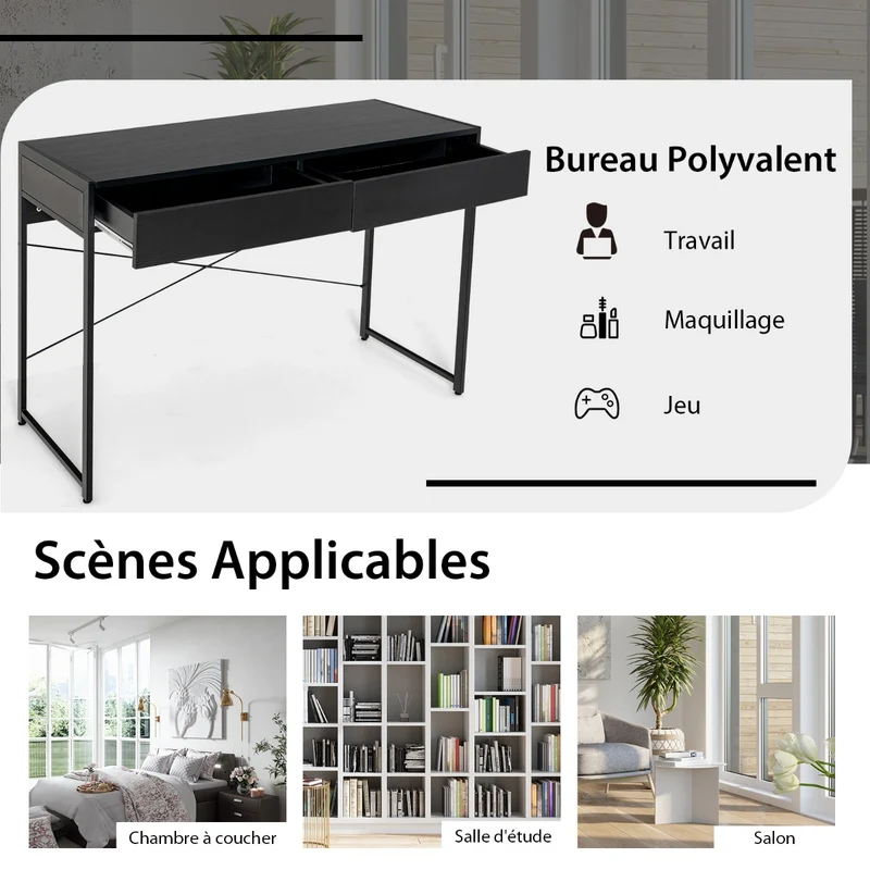 Costway - Bureau Ordinateur, Bureau Informatique, Bureau en Bois, Bureau Moderne, Table de Bureau, Poste de Travail, 112 x 48 x 76 cm, Noir