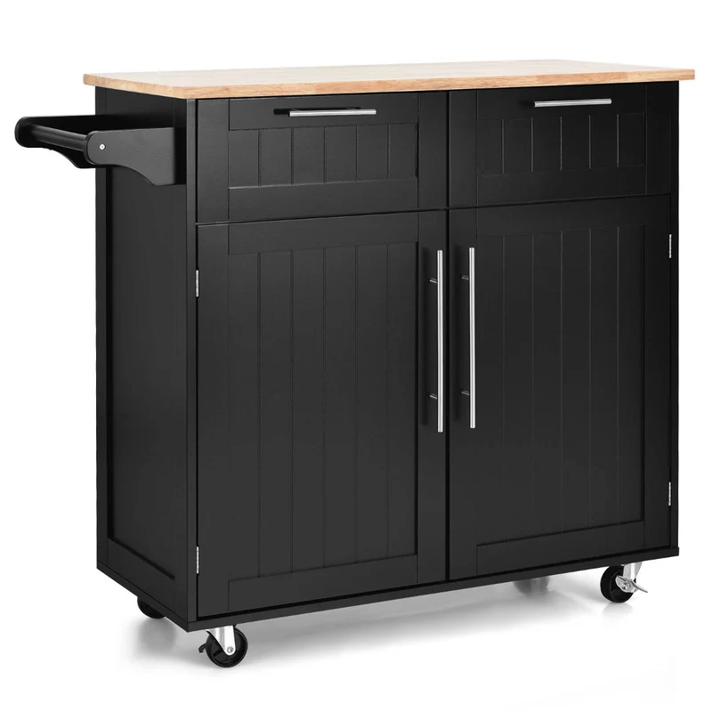 Costway - Chariot de Rangement, Ilot de Cuisine, Desserte a Roulette, Desserte Cuisine, Desserte micro onde, 2 Tiroirs, 2 Portes, Noir