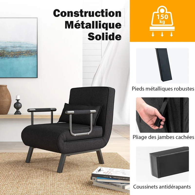 Costway - Fauteuil Convertible, Dossier Réglable en 6 Positions, Canapé Lit 1 Place, Fauteuil Confortable, Fauteuil Salon, avec Oreiller, Noir