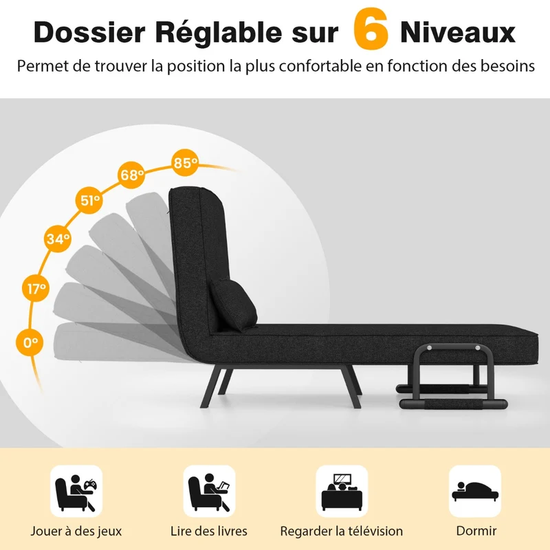 Costway - Fauteuil Convertible, Dossier Réglable en 6 Positions, Canapé Lit 1 Place, Fauteuil Confortable, Fauteuil Salon, avec Oreiller, Noir