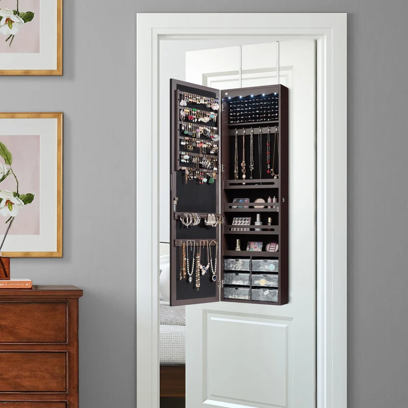 Costway - Armoire a Bijoux, Miroir Bijoux, Armoire Bijoux, Murale, LED avec Miroir 6 Tiroirs Hauteur du Crochet Ajustable, 120x36,5x11,5CM, Marron