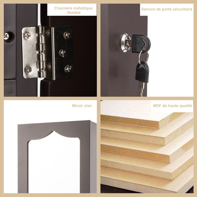Costway - Armoire a Bijoux, Miroir Bijoux, Armoire Bijoux, Murale, LED avec Miroir 6 Tiroirs Hauteur du Crochet Ajustable, 120x36,5x11,5CM, Marron