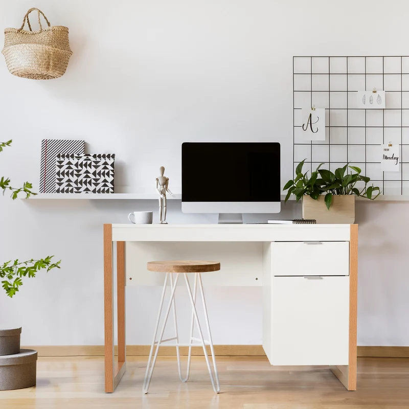 Costway - Bureau d’ordinateur moderne avec 2 tiroirs, 112,5 × 50 × 75 cm, blanc