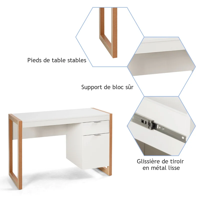 Costway - Bureau d’ordinateur moderne avec 2 tiroirs, 112,5 × 50 × 75 cm, blanc