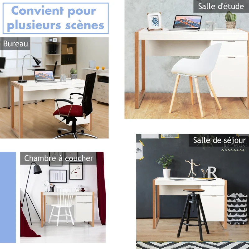 Costway - Bureau d’ordinateur moderne avec 2 tiroirs, 112,5 × 50 × 75 cm, blanc