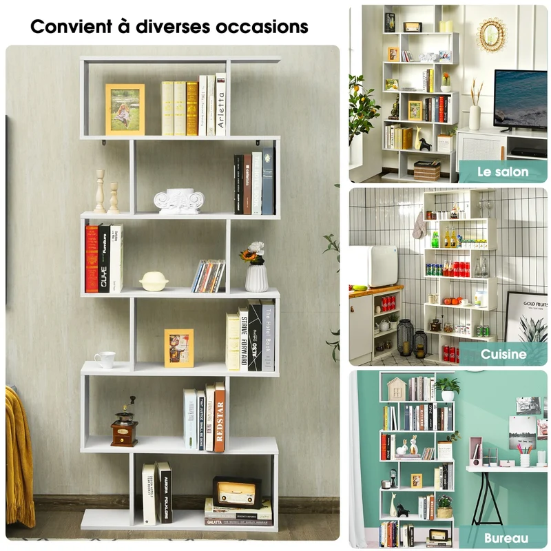 Costway - Étagère Bibliothèque, 6 Niveaux, Etagere de Rangement, Etagere Colonne, Etagere Salon, Forme de S pour Salon Chambre, Blanc