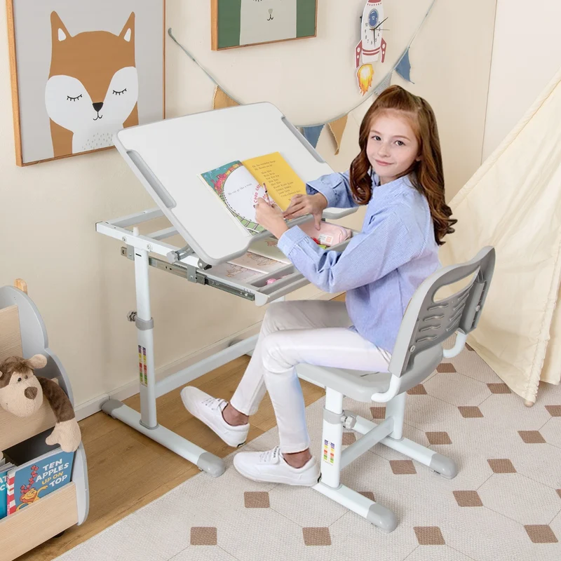 Costway - Bureau Enfant, Chaise Enfant, Table et Chaise Enfant, Bureau Enfant Primaire à Hauteur Réglable Inclinable 0-45° avec Plateau 1 Tiroir, Gris
