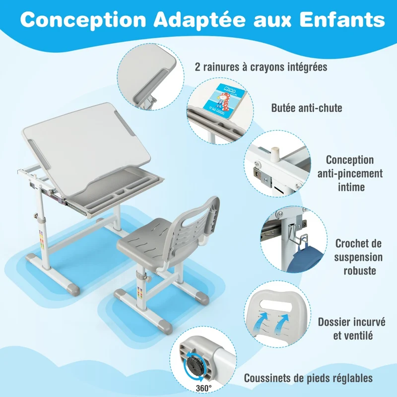 Costway - Bureau Enfant, Chaise Enfant, Table et Chaise Enfant, Bureau Enfant Primaire à Hauteur Réglable Inclinable 0-45° avec Plateau 1 Tiroir, Gris