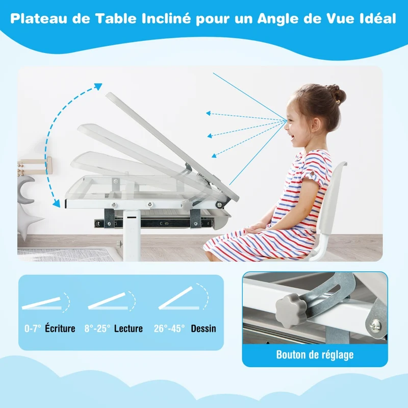 Costway - Bureau Enfant, Chaise Enfant, Table et Chaise Enfant, Bureau Enfant Primaire à Hauteur Réglable Inclinable 0-45° avec Plateau 1 Tiroir, Gris
