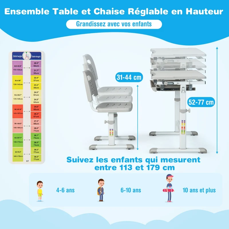 Costway - Bureau Enfant, Chaise Enfant, Table et Chaise Enfant, Bureau Enfant Primaire à Hauteur Réglable Inclinable 0-45° avec Plateau 1 Tiroir, Gris