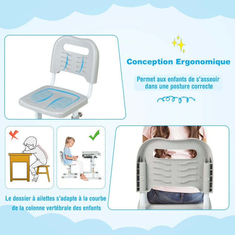 Costway - Bureau Enfant, Chaise Enfant, Table et Chaise Enfant, Bureau Enfant Primaire à Hauteur Réglable Inclinable 0-45° avec Plateau 1 Tiroir, Gris