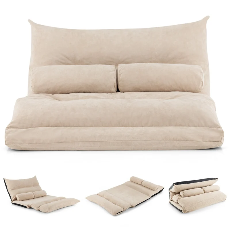 Costway - Canapé lit, Banquette convertible, Canapé lit convertible, Dossier Réglable à 42 Positions Chauffeuse, 2 Oreillers pour Salon Balcon, Beige
