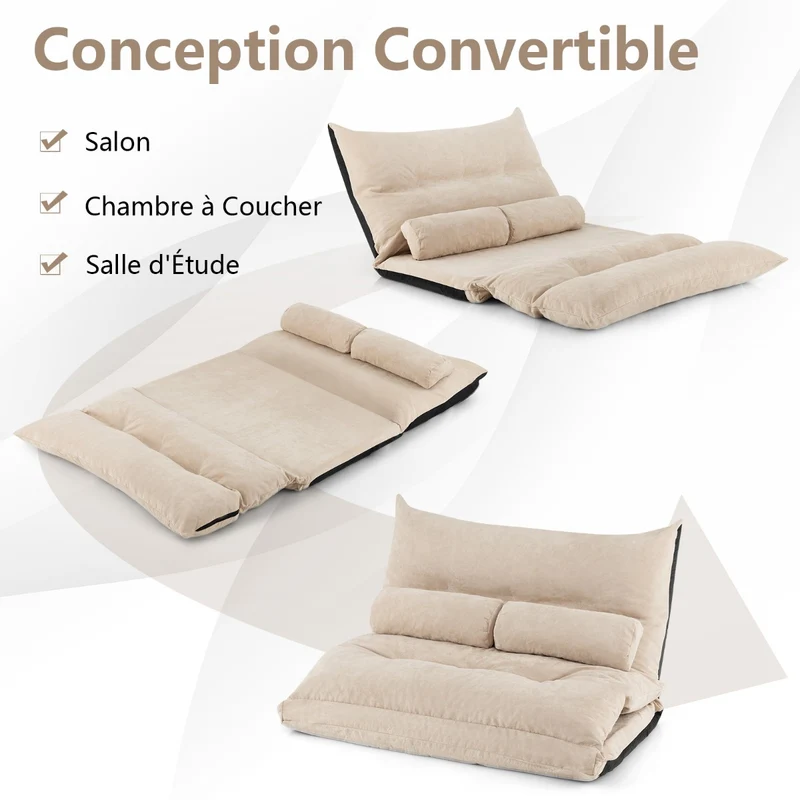 Costway - Canapé lit, Banquette convertible, Canapé lit convertible, Dossier Réglable à 42 Positions Chauffeuse, 2 Oreillers pour Salon Balcon, Beige