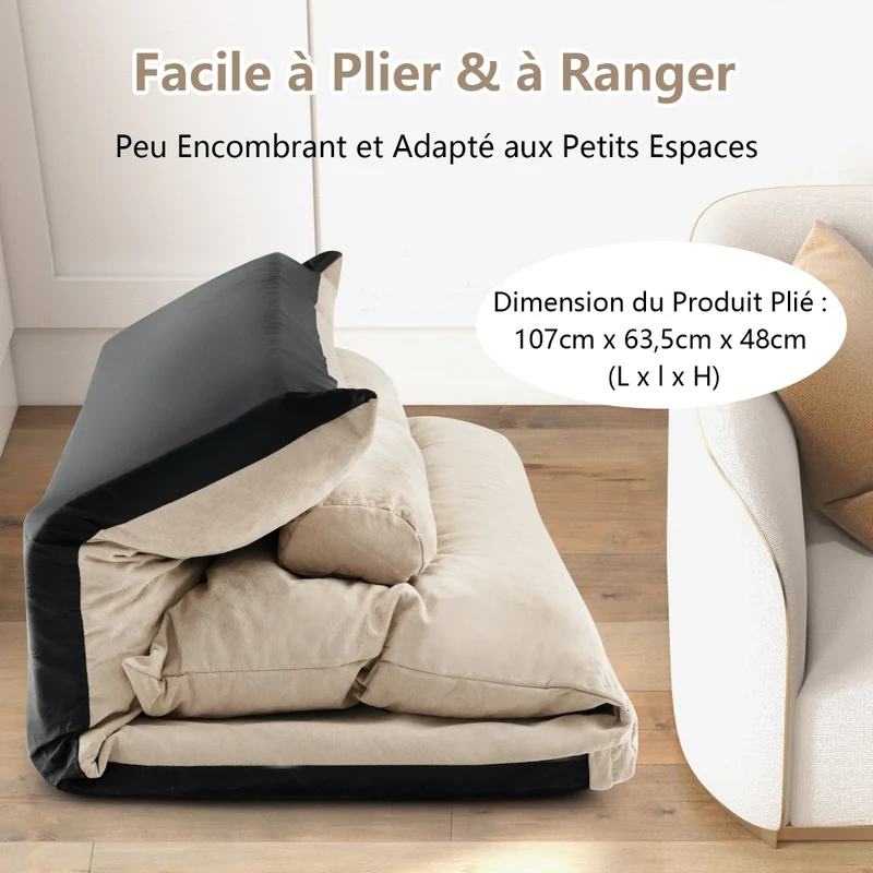 Costway - Canapé lit, Banquette convertible, Canapé lit convertible, Dossier Réglable à 42 Positions Chauffeuse, 2 Oreillers pour Salon Balcon, Beige