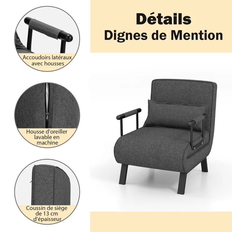 Costway - Fauteuil Convertible, Dossier Réglable en 6 Positions, Canapé Lit 1 Place, Fauteuil Confortable, Fauteuil Salon, avec Oreiller, Gris Foncé