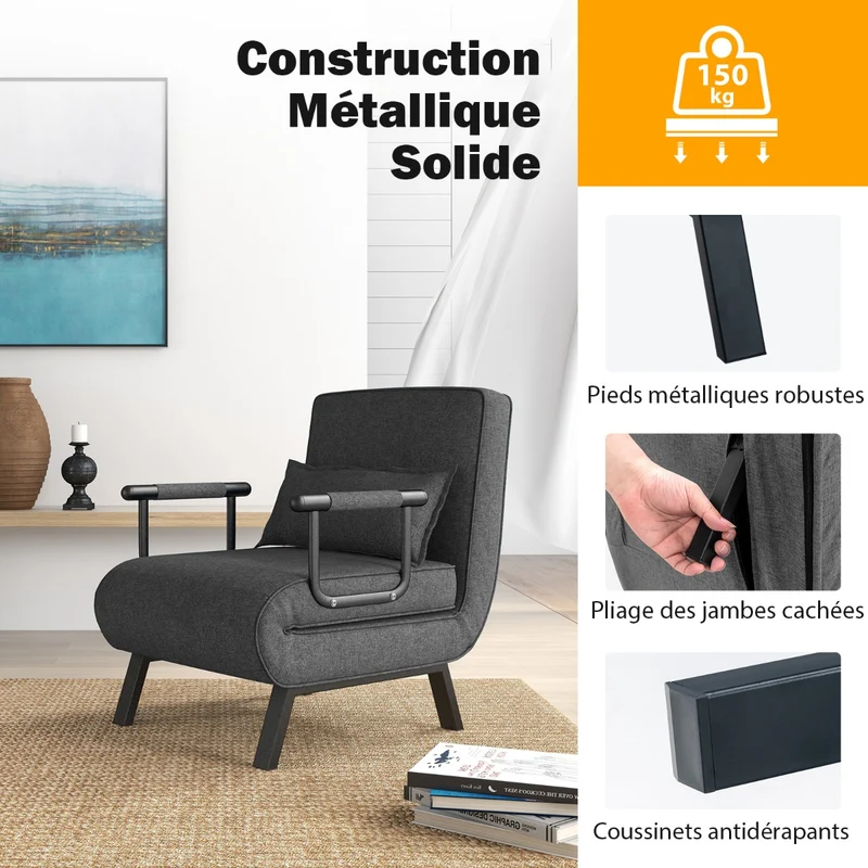 Costway - Fauteuil Convertible, Dossier Réglable en 6 Positions, Canapé Lit 1 Place, Fauteuil Confortable, Fauteuil Salon, avec Oreiller, Gris Foncé