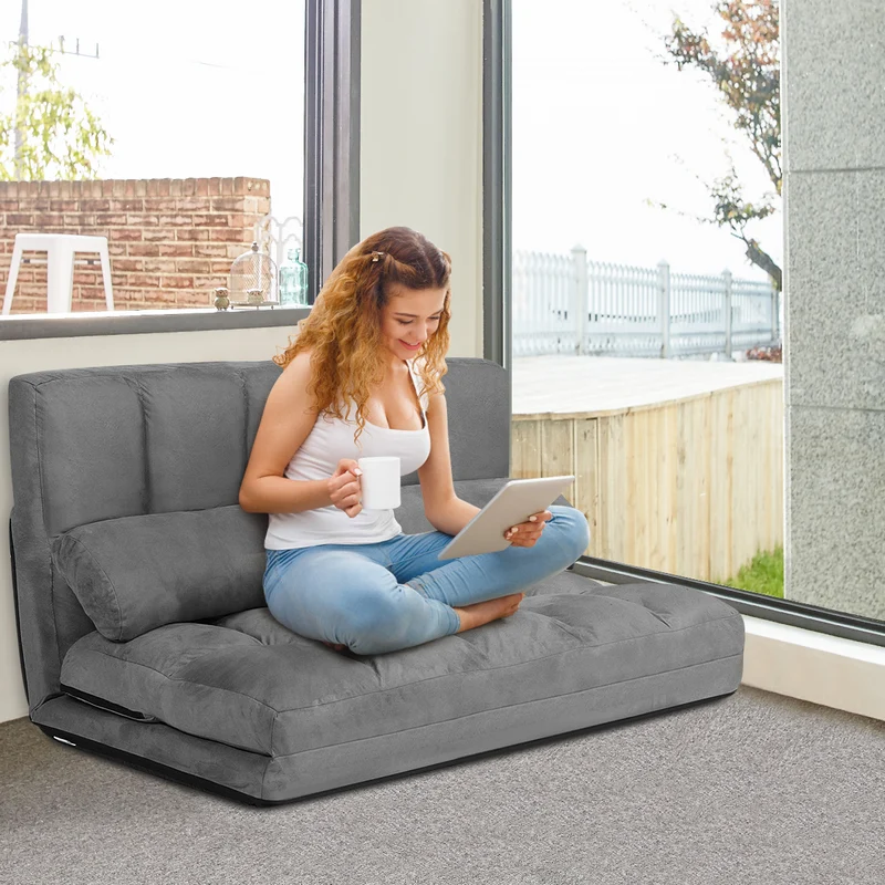 Costway - Canapé lit, Banquette convertible, Canapé lit convertible, 2 Places, Dossier Réglable à 6 Positions Housse Détachable 2 Oreillers, Gris