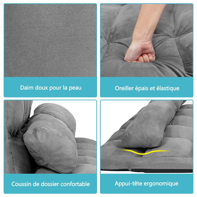 Costway - Canapé lit, Banquette convertible, Canapé lit convertible, 2 Places, Dossier Réglable à 6 Positions Housse Détachable 2 Oreillers, Gris