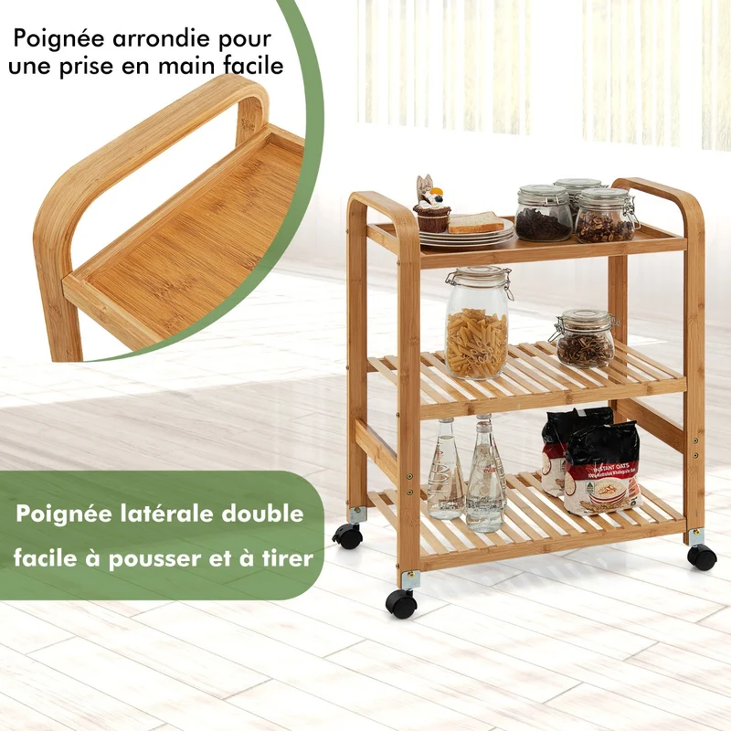 Costway - Desserte a Roulette, 3 Niveaux, Desserte Cuisine, Chariot de Rangement, en Bambou, avec Roulettes, Latérales Supportà